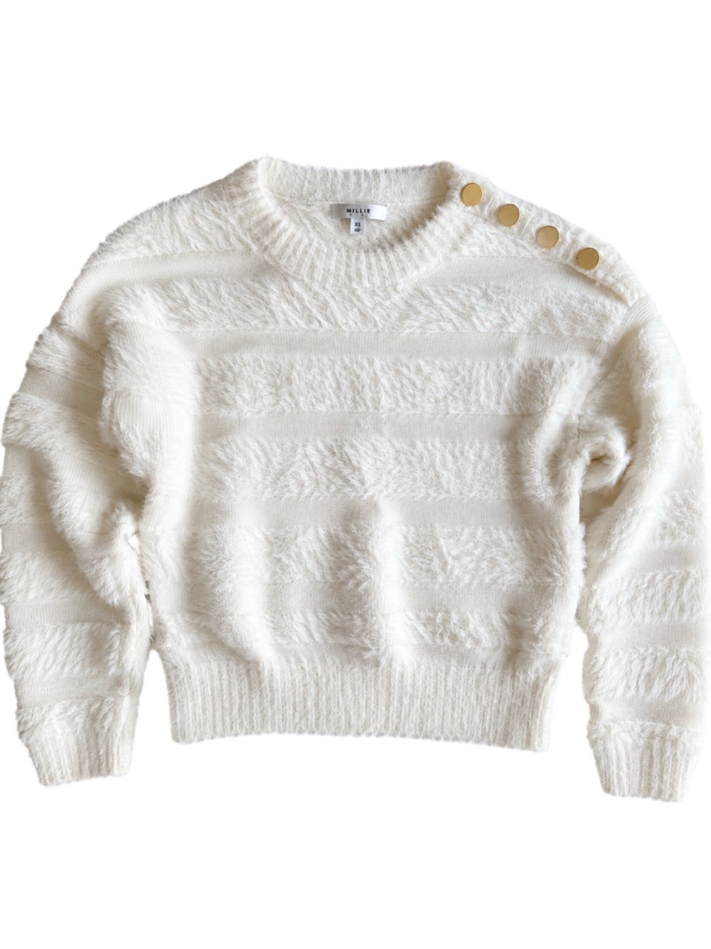 MILLY Ivory Fuzzy Stripe Sweater Gold Shoulder Buttons Size P/XS